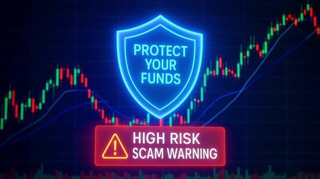 Protect funds warning high risk scam alert financial chart background investment caution security protection shield emphasizing security awareness trading environment investment decisions