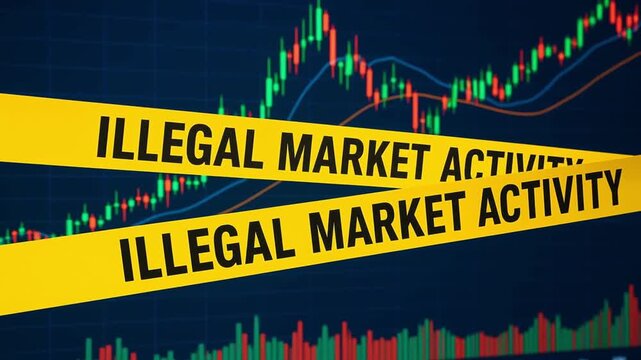 Illegal market activity warning tape over financial stock chart with colorful candlestick graph and volume bars showing market trends, fluctuations, and caution on trading data analysis