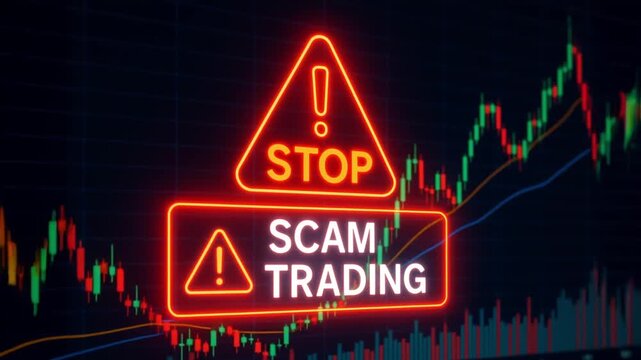 Stop scam trading warning sign glowing red neon light over financial stock market chart with candlestick volume bars alerting fraudulent market activity and emphasizing caution in trading decisions