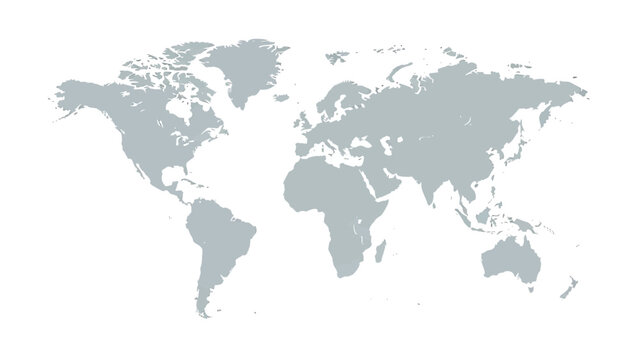 A minimalist global map illustration displaying all major continents in a sleek gray design