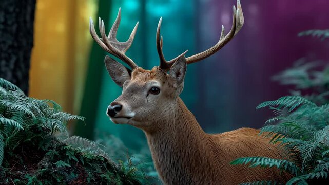 Majestic deer stands gracefully among lush ferns, showcasing its impressive antlers and serene expression, as the camera smoothly pans to capture the vibrant forest backdrop