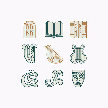 Kalevala Day Safari Duo-Tone Icon Set &ndash; Runes, Kantele & Folklore Symbols