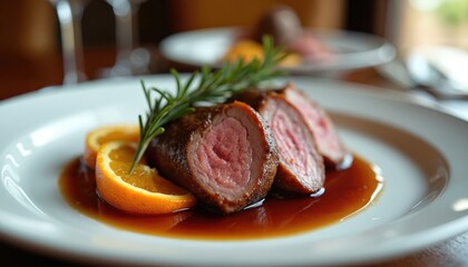 Sliced duck breast with orange slices and rosemary garnish rests in rich brown sauce on white plate. Elegant meal served in restaurant, fine dining cuisine experience for dinner.