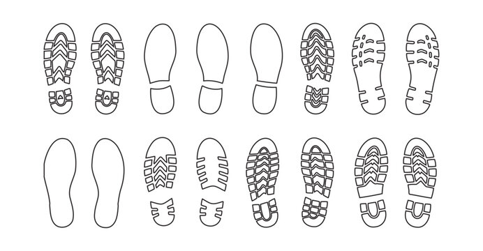 Footprint outlines black and white shoe sole patterns and imprint designs for tracing and design