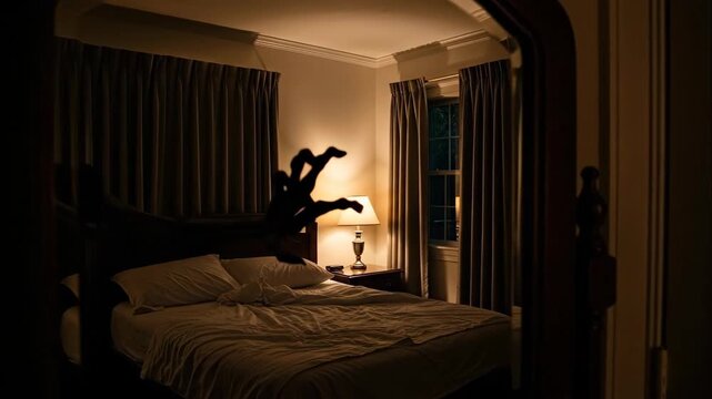 Eerie bedroom scene transforming from calm to a shadowy monster hand reaching over a bed at night. Creepy dream footage.