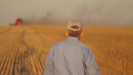 farmer working in wheat field, combine harvester ploughing in wheat field, agriculture tablet, intersection of farming and technology, digital transformation in agriculture, data enhanced agriculture