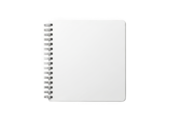 Blank white spiral bound notebook open flat isolated on transparent background
