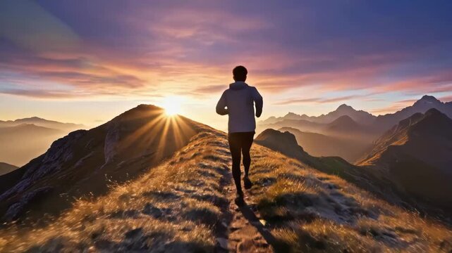 Man running on a mountain peak at sunrise with a beautiful landscape
