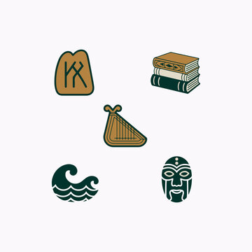 Finland Kalevala Folklore Duo Tone Outline Icons Books, Waves, Masks vactor illustration icon