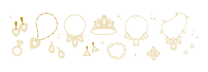 Luxury Gold Jewelry set on White Background.Various jewelry pieces earrings, necklaces, rings, tiara, and pendants for branding, packaging, invitations, logos, fashion design.Vector illustration