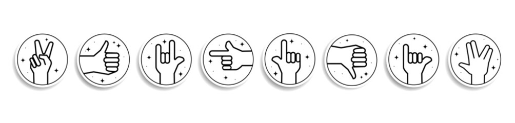 Set of black line hand gesture icons in circular buttons peace sign, thumbs up, thumbs down, pointing, rock sign, shaka and more, ideal for UI design, stickers, social media, apps Vector illustration