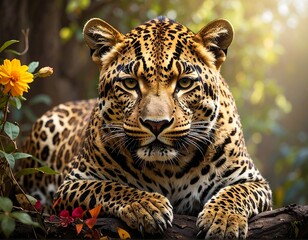 Obraz premium Close-up of a leopard relaxing on a branch, illuminated by sunlight