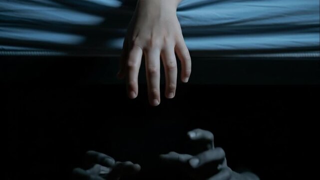 Child's hand reaching under a bed into darkness for an unknown creature in a nightmare concept footage.