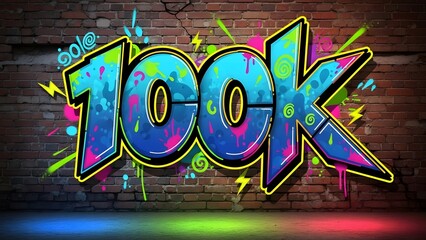 Stylized 100k text with colorful graffiti elements on an urban brick wall background