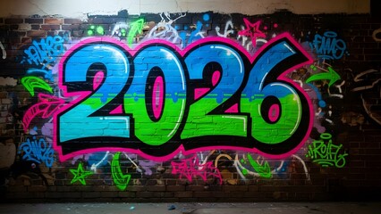A vibrant and colorful graffiti art piece displaying the year 2026 on a dark brick wall
