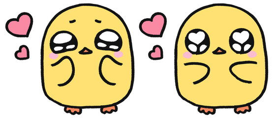 手描き、可愛いヒヨコのキャラクター、憧れ・嬉しい顔の表情2種類セット © とりあいす