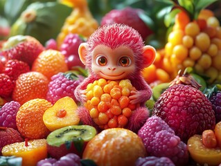 Whimsical fruit medley with a curious red monkey character centerpiece