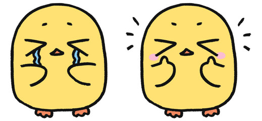 手描き、可愛いヒヨコのキャラクター、泣き顔・嬉しい顔の表情2種類セット © とりあいす