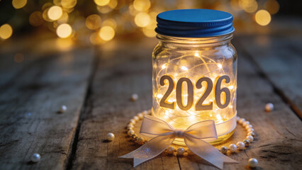 Glass jar with glowing lights and '2026' text, decorated with ribbon and pearls on wooden surface