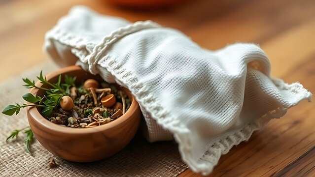 poultice. Herbal poultice wrapped in linen cloth beside a wooden bowl of dried herbs, natural remedy concept. menu design.