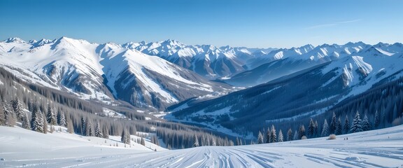A breathtaking panoramic view of a pristine snow-covered mountain range and ski slope on a clear winter day. alta ski utah 