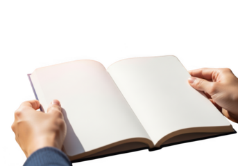 Hands holding an open blank book isolated on transparent background