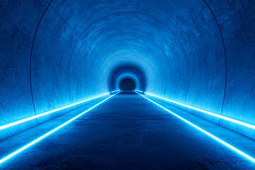 Futuristic Blue-Lit Tunnel with Neon Paths