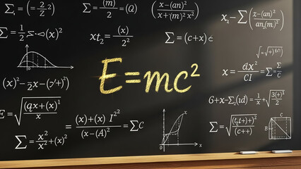Mathematical equations and E=mc² written on a blackboard