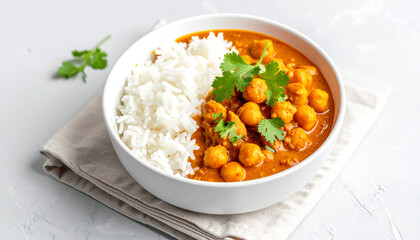Indian red lentil curry with chickpeas, white rice and fresh cilantro, chana dal  in a white bowl 