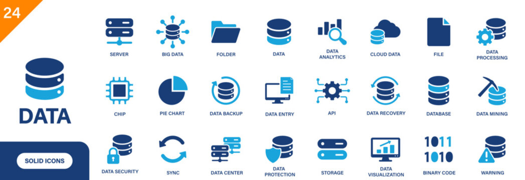 Data icon. Including big data, data mining, data processing, binary code, data center, chip, API. Solid vector icon set.