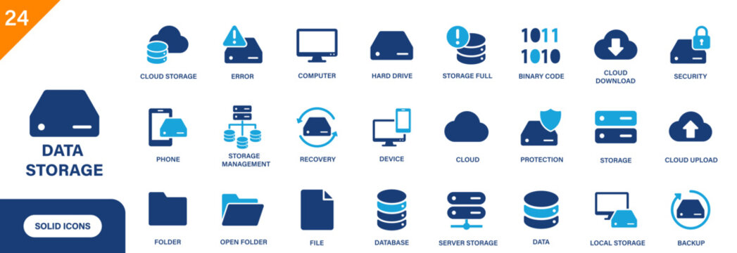 Data storage icon. Includes hard drive, storage full, local storage, cloud, recovery. Solid vector icon set.