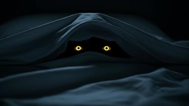 Glowing yellow eyes peeking from under dark bed sheet. Creature or monster hiding in bed. Childhood nightmare and fear concept footage.