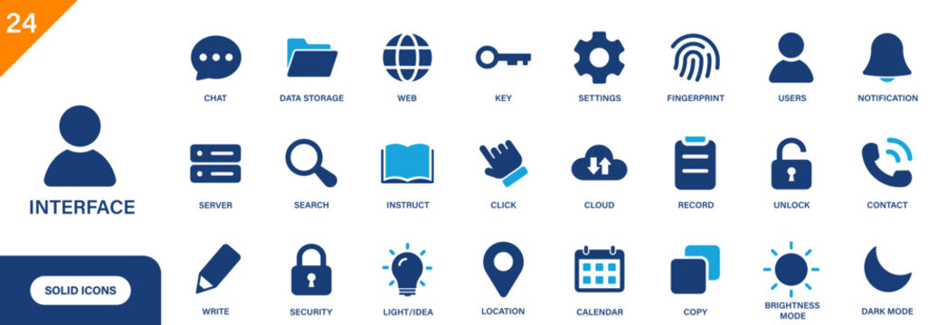 Interface icon. Includes users, record, chat, calendar, cloud, contact. Solid vector icon set.