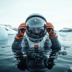 Astronaut im Raumanzug steht bis zur Brust im eisigen Wasser einer Polarlandschaft