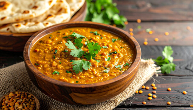 Indian dal food (Masoor Dal or Dal Tadka Curry) on wooden background