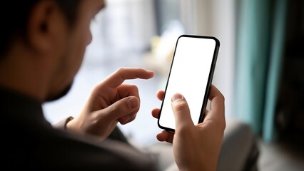 Person interacting with smartphone with blank screen mockup