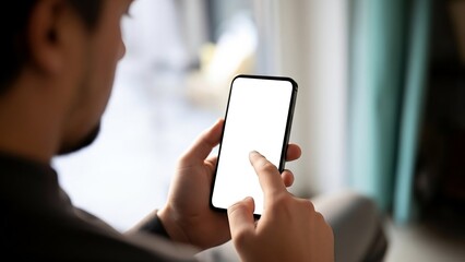 Person interacting with smartphone with blank screen mockup