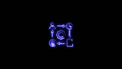 Blue neon circular with person clock gear dollar and folder symbols connected by arrows on Generate title without using the word 