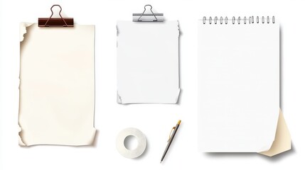79.A clean, isolated background showcasing various types of blank white paper with realistic stationery elements such as a push pin, paper clip, and adhesive tape. The set includes a torn note sheet,