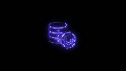Blue neon glowing database and gear representing data storage and settings on dark Generate title without using the word "Title:" before it. background © Neon plus stock