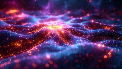 Abstract flowing surface with glowing orange and blue particles and a central, radiant focal point