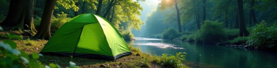 Green camping tent pitched near river in lush forest, peaceful, stake