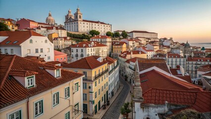 Scenic European Cityscape with Historic Buildings and Red Terracotta Rooftops at Golden Hour