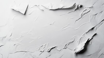 Obraz premium 72.A hyper-realistic mockup featuring a wrinkled, wet sheet of paper stuck to a wall with visible adhesive marks. The paper has a natural texture, with realistic creases and wrinkles, offering a