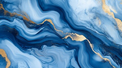 Obraz premium 55.A natural luxury-inspired abstract ocean scene with flowing blue paint and intricate marble-like swirls. The textures and ripples resemble agate stones, while gold powder adds a sense of opulence,