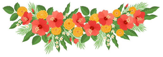 Traditional Indian flower garland with marigold and hibiscus flowers and mango leaves. Decoration for Indian Hindu holidays or weddings.