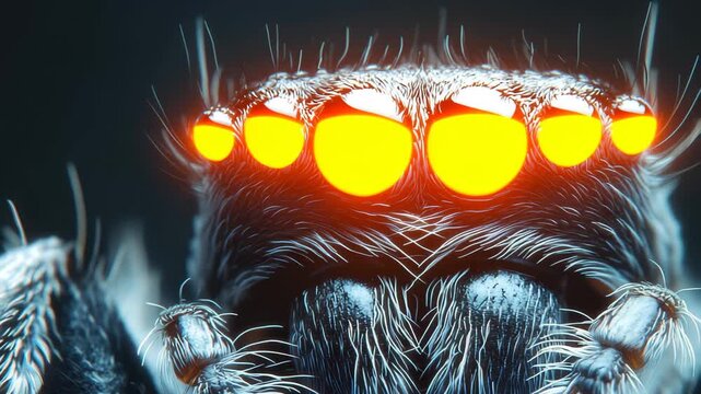 This close-up focuses on a spider, showcasing its multi-faceted eyes and hairy, textured appearance under dramatic lighting. The intricate details reveal the creature's unique anatomy.