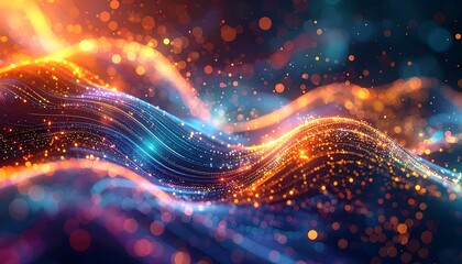 Abstract wavy flowing lines in vibrant orange and blue, with shimmering bokeh lights and digital effects