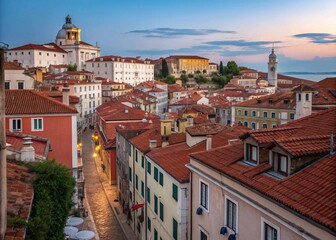 Scenic European Cityscape with Historic Buildings and Red Terracotta Rooftops at Golden Hour