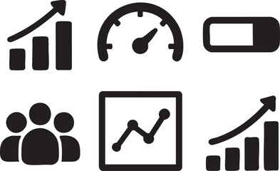 Business icons set showing growth chart speed meter battery and team symbols